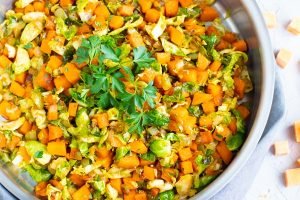 Skillet Brussel Sprouts and Sweet Potatoes