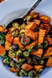 Thanksgiving Roasted Sweet Potatoes and Brussels Sprouts