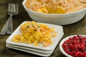 Crispy Onion Corn Spoonbread serve during thanksgiving